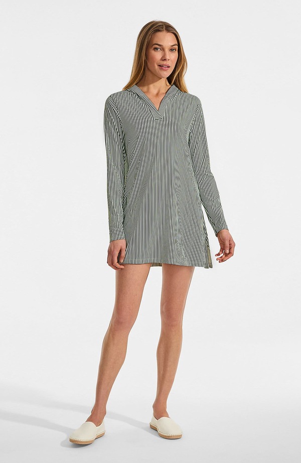ランズエンド レディース トップス ワンピース コットン ジャージー Lands' End Cotton Jersey Long Sleeve Hooded Swim Cover-up Dress Fusion Green Mini Stripe グリーン｜ReVida 店