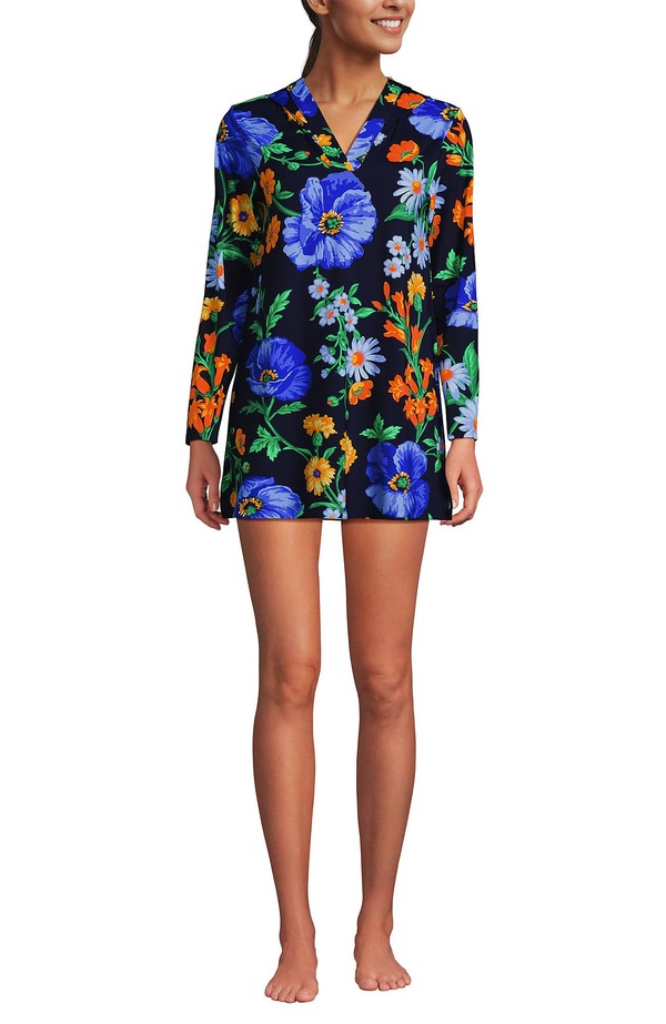 ランズエンド レディース トップス ワンピース コットン ジャージー Lands' End Cotton Jersey Long Sleeve Hooded Swim Cover-up Dress Navy/Exploded Poppy Floral ネイビー｜ReVida 店