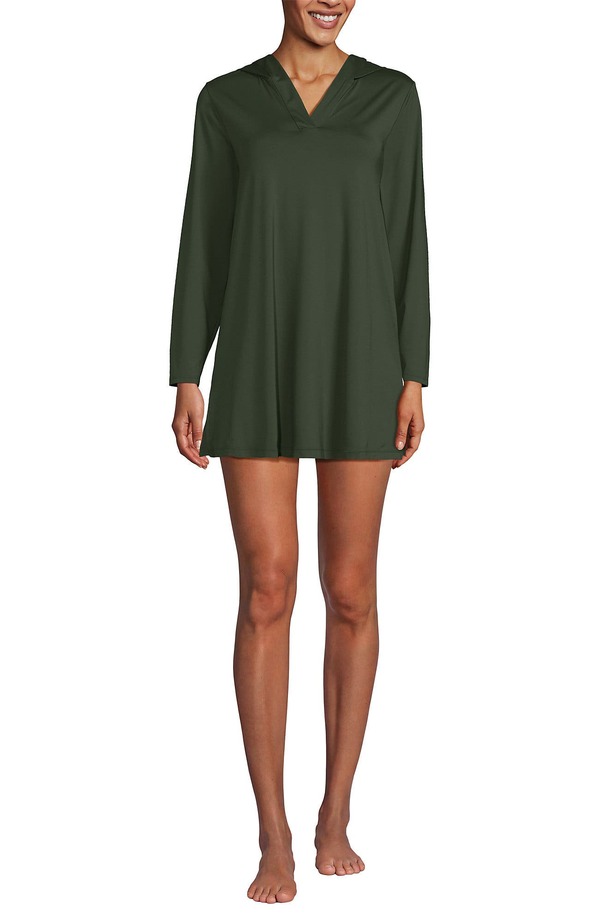 ランズエンド レディース トップス ワンピース コットン ジャージー Lands' End Cotton Jersey Long Sleeve Hooded Swim Cover-up Dress Rich Olive Green グリーン｜ReVida 店