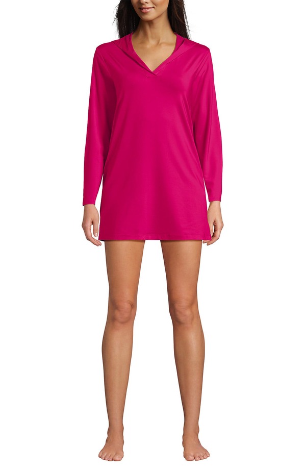 ランズエンド レディース トップス ワンピース コットン ジャージー Lands' End Cotton Jersey Long Sleeve Hooded Swim Cover-up Dress Riviera Rose|ReVida 店