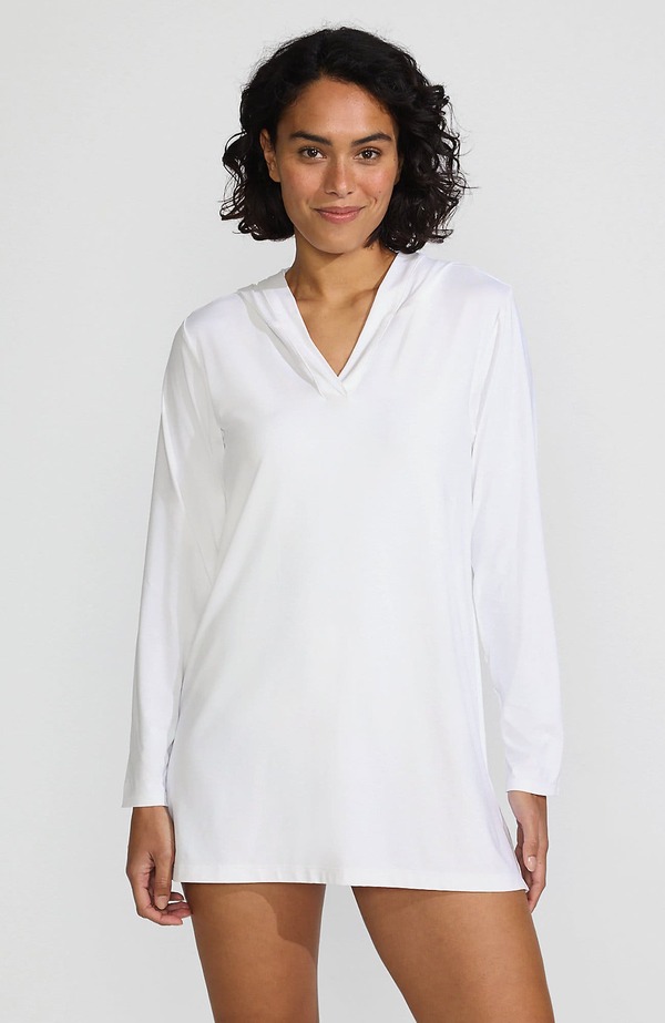 ランズエンド レディース トップス ワンピース コットン ジャージー Lands' End Cotton Jersey Long Sleeve Hooded Swim Cover-up Dress White ホワイト|ReVida 店