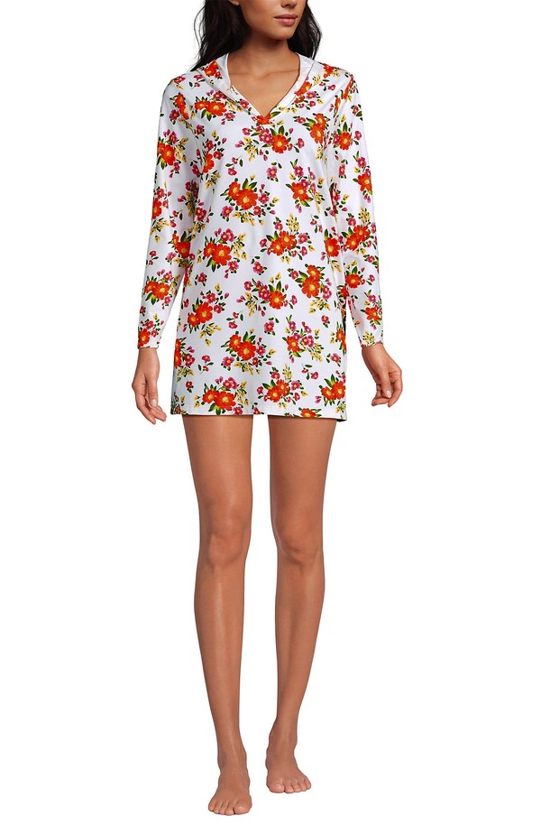 ランズエンド レディース トップス ワンピース コットン ジャージー Lands' End Cotton Jersey Long Sleeve Hooded Swim Cover-up Dress White Spring Floral ホワイト|ReVida 店
