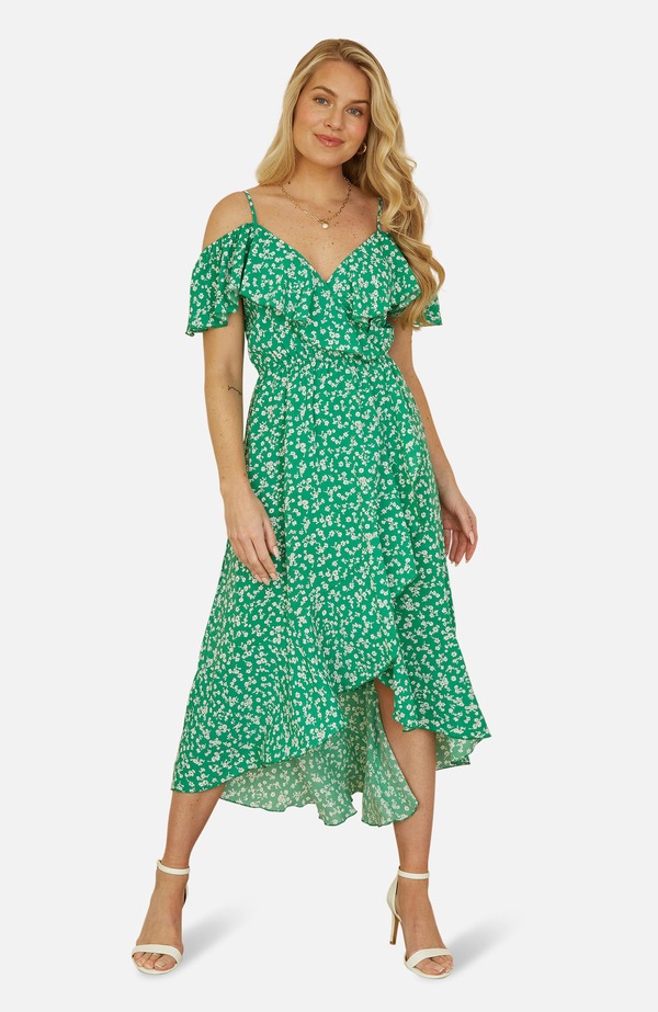 ユミキム レディース トップス 衣装 刷り上げる midi Yumi Ditsy Print Bardot Midi Dress Green 緑であること