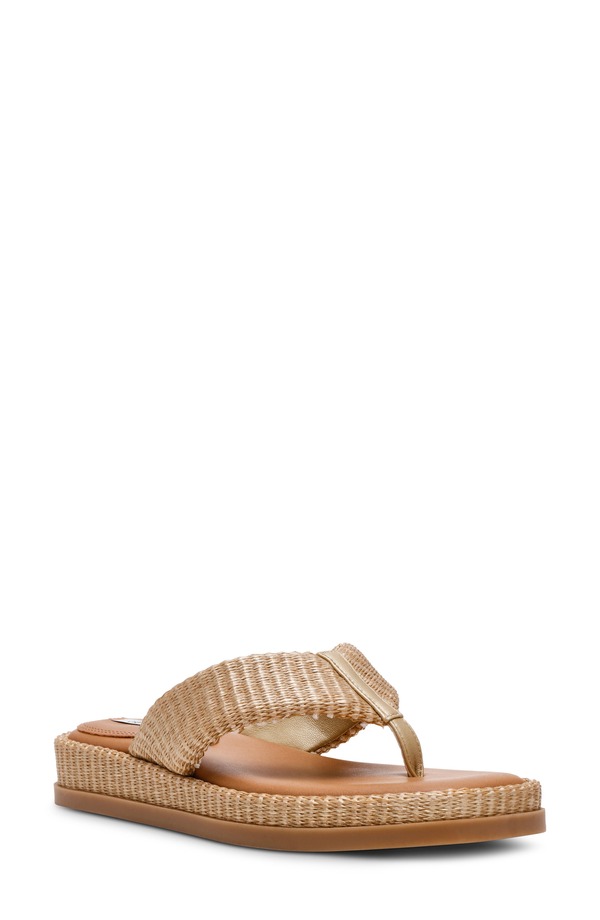 スティーブ マデン レディース シューズ 踵 プラットホーム サンダル Steve Madden Bella Thong Platform Slide Sandal Gold Raffia ゴールド