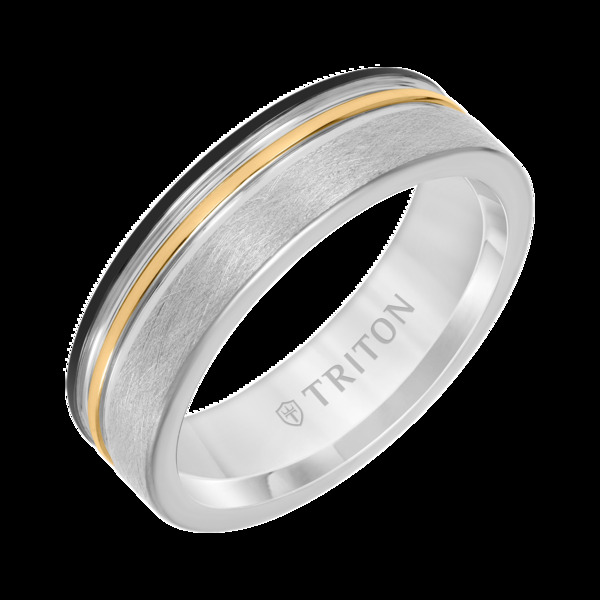 トリトン レディース アクセサリー 指輪 Triton 7MM Tungsten Carbide Ring with Black Yellow and Grey Tungsten Center Groove with Crystaline Finish Metallic Silver シルバー｜ReVida 店