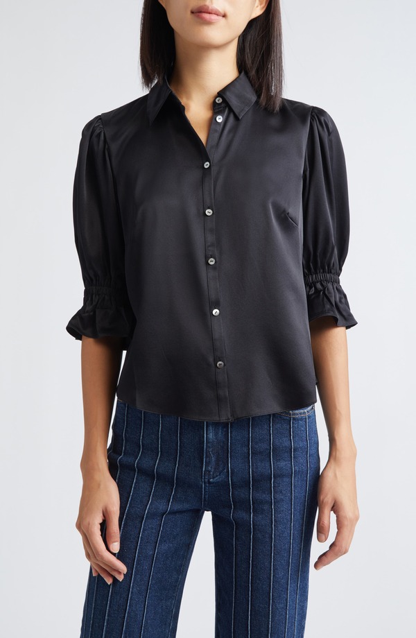 サンク セプト レディース トップス シャツ フリル シルク Cinq Sept Fiona Ruffle Cuff Silk Button-Up Shirt Black ブラック|ReVida 店