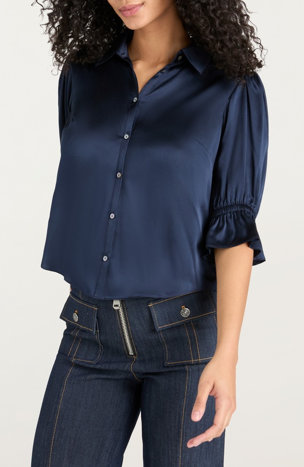 サンク セプト レディース トップス シャツ フリル シルク Cinq Sept Fiona Ruffle Cuff Silk Button-Up Shirt Navy ネイビー｜ReVida 店