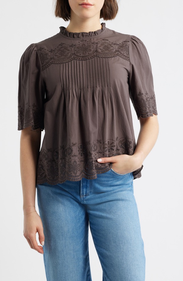 メイドウェル レディース トップス シャツ ハイネック コットン 刺繍 Madewell Embroidered Pintuck High Neck Cotton Voile Top Chocolate Plum プラム|ReVida 店