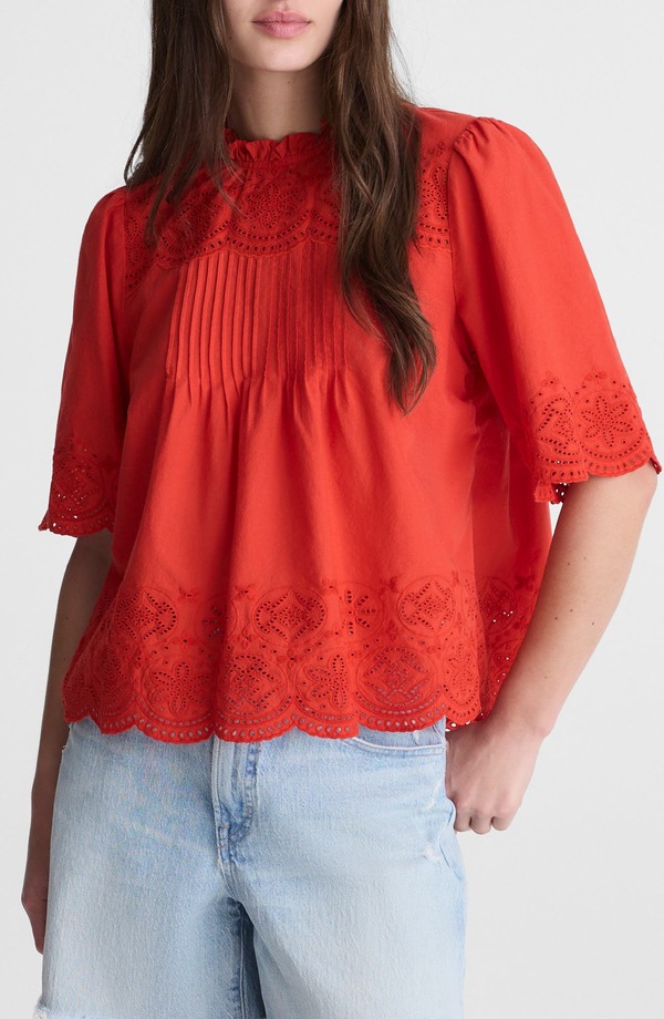 メイドウェル レディース トップス シャツ ハイネック コットン 刺繍 Madewell Embroidered Pintuck High Neck Cotton Voile Top Wild Poppy｜ReVida 店