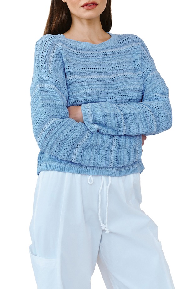 ベラダール レディース アウター パーカー・スウェット 労働者の一団のど首 スウェーター Bella Dahl Textured Stripe Crewneck Sweater Sea Breeze Blue 青色