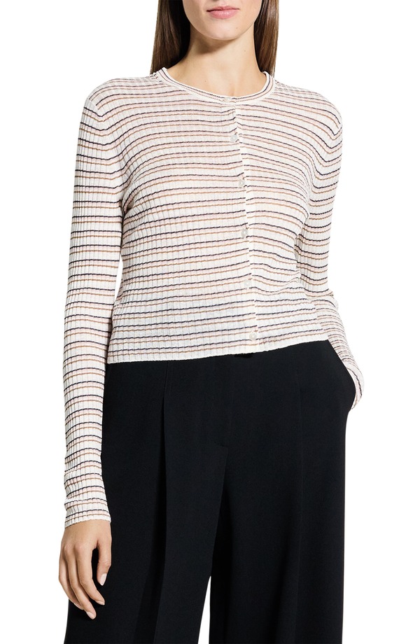 行動論理 レディース アウター パーカー・スウェット ジレー リネン Theory Stripe Crop Linen Blend Cardigan Bone Pink Multi さくら色