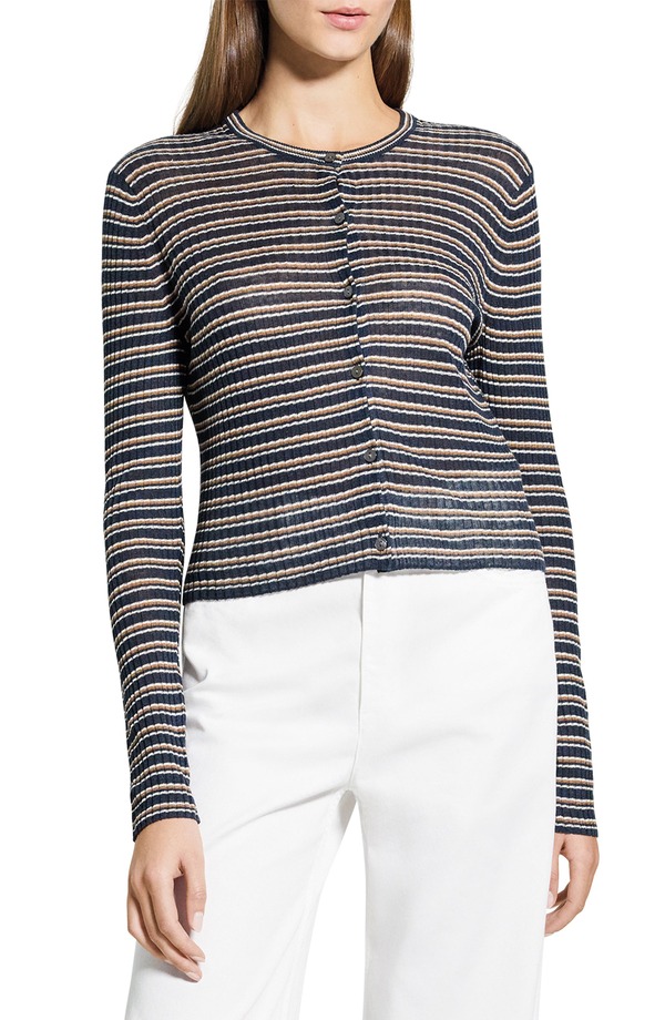 行動論理 レディース アウター パーカー・スウェット ジレー リネン Theory Stripe Crop Linen Blend Cardiganocturne Blue Multi 青碧