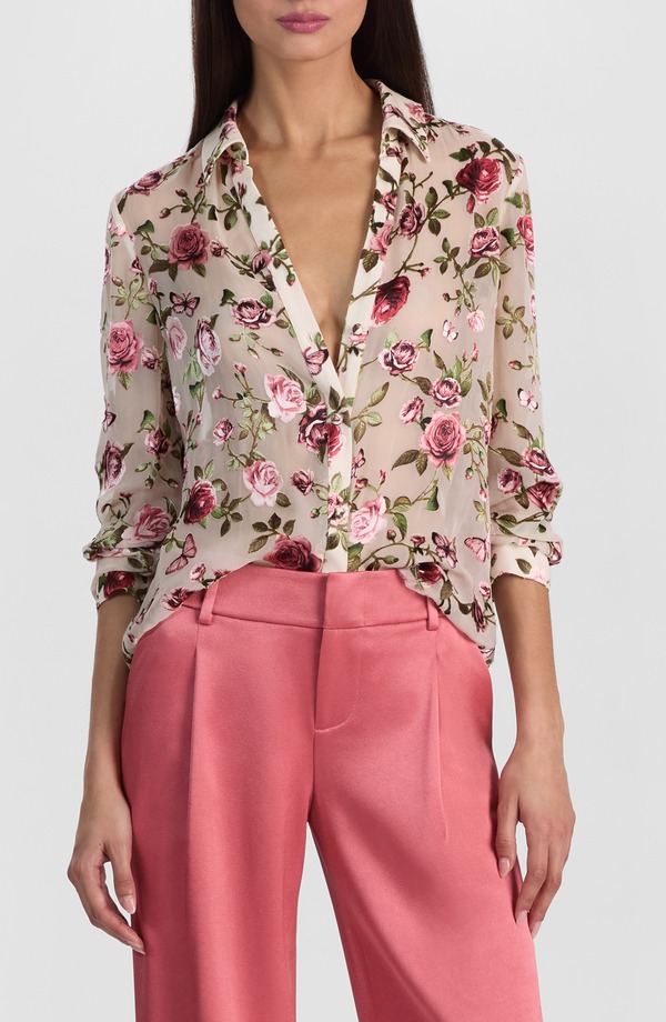 アリス アンド オリビア レディース トップス プルオーバー 御花柄 地絹 御花 Alice + Olivia Eloise Floral Silk Button-Up Shirt Garden Gossip Off White 象牙色