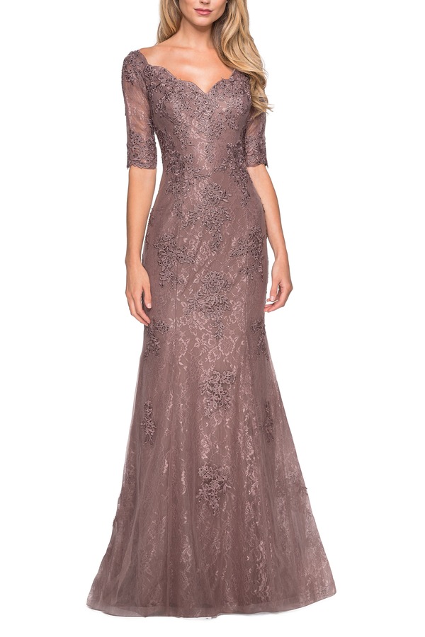 ラフェム レディース トップス 衣装 スピード競技 La Femme Floor Length Lace Dress with Rhinestone Accents Cocoa チョコレート