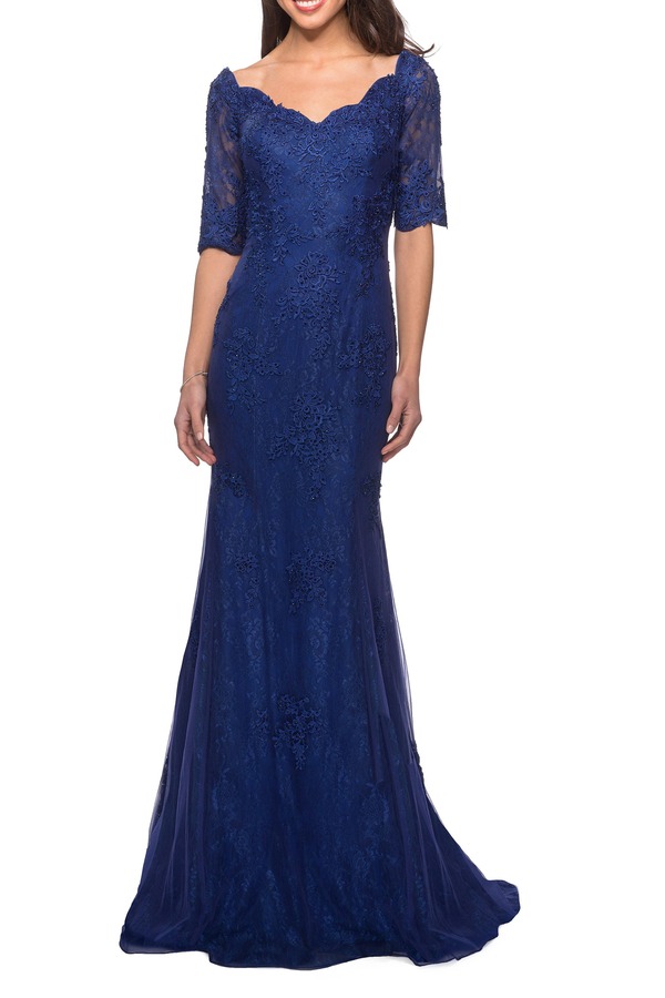ラフェム レディース トップス 衣装 スピード競技 La Femme Floor Length Lace Dress with Rhinestone Accents Marine Blue 青色