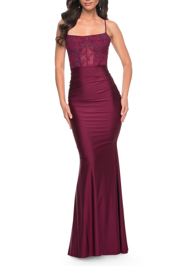 ラフェム レディース トップス ワンピース ギャザー レース ジャージー La Femme Ruched Jersey Dress with Illusion Corset Lace Top Dark Berry｜ReVida 店