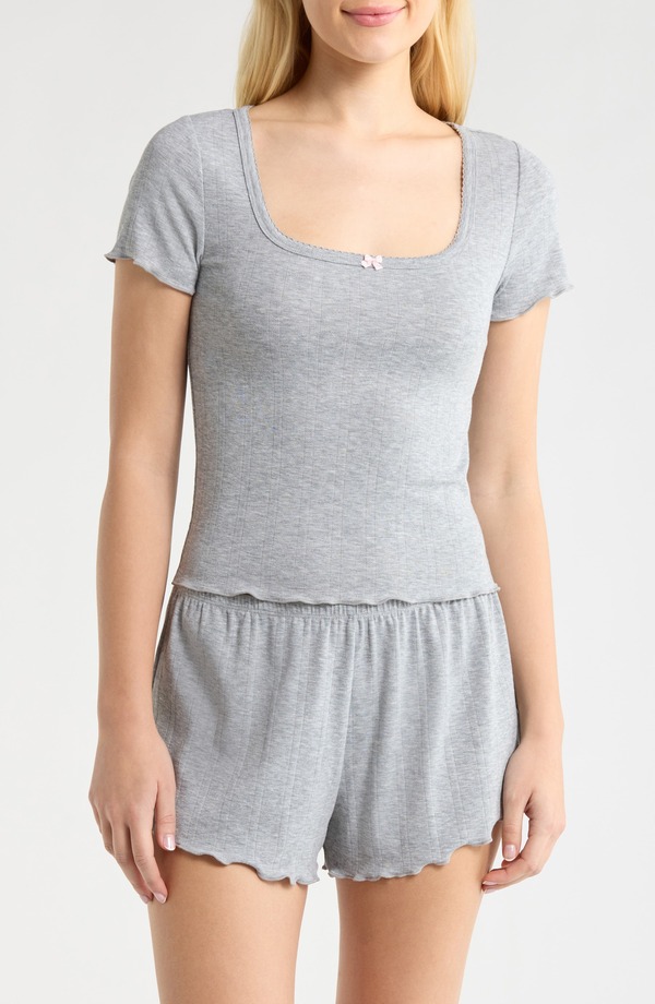 オープンエディット レディース アンダーお召しもの ナイト爵お召しもの 編み物 Open Edit Pointelle Knit Short Pajamas Grey Heather 薄墨色