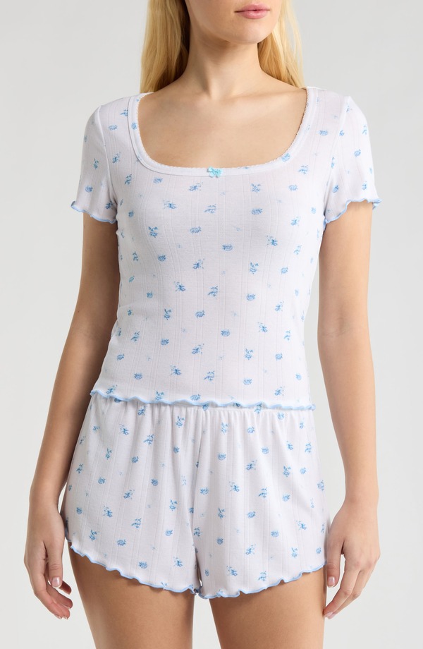 オープンエディット レディース アンダーお召しもの ナイト爵お召しもの 編み物 Open Edit Pointelle Knit Short Pajamas White- Blue Sabrina Ditsy 白いこと