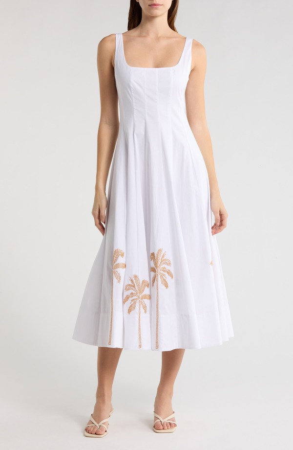 スタウド レディース ボトムス カジュアルパンツ ミディ ノースリーブ STAUD Wellsleeveless Midi Sundress Whitembroidered ホワイト|ReVida 店