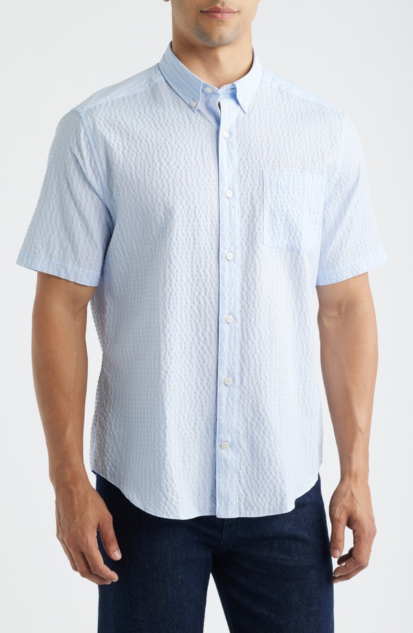 ジョンストンアンドマーフィー メンズ トップス プルオーバー 落ちこむ Johnston \u0026 Murphy Leland Stripe Short Sleeve Seersucker Button-Down Shirt Light Blue Striped Seersucker 青色