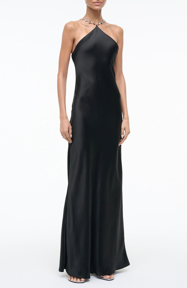 スタウド レディース トップス 衣裳 繻子 マキシ STAUD Cadence Shark Tooth Strap Satin Maxi Dress Black 黒いこと