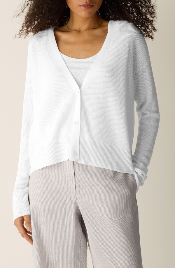 エイリーンフィッシャー レディース アウター パーカー・スウェット Vのど首 綿織物 ジレー リネン Eileen Fisher V-Neck Organic Linen \u0026 Organicotton Cardigan White 白いこと