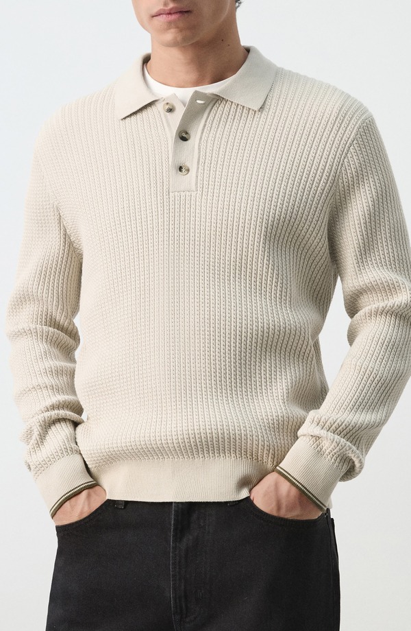 マンゴ メンズ アウター パーカー・スウェット スポーツシャツ スウェーター 綿織物 MANGO Braided Cotton Blend Polo Sweater Sand 真砂