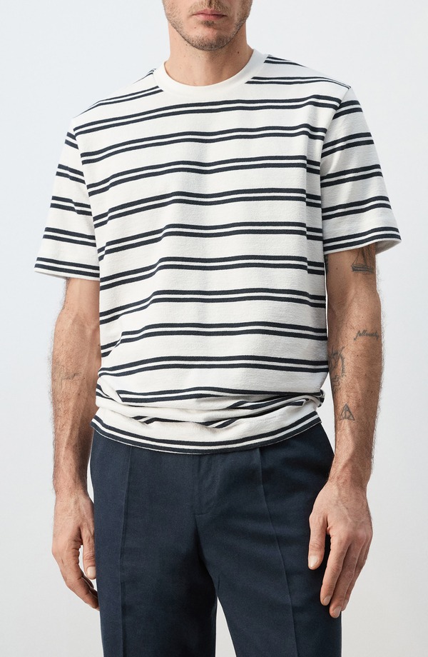 マンゴ メンズ トップス プルオーバー レギュラー填まる 綿織物 MANGO Regular Fit Stripe Cotton Blend T-Shirt White 白いこと