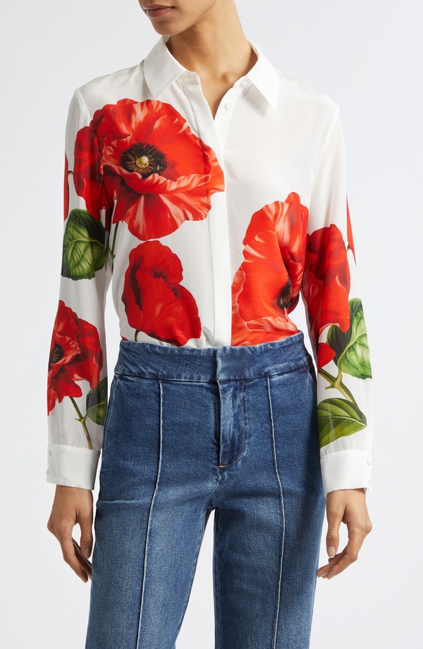 アリス アンド オリビア レディース トップス プルオーバー 御花柄 刷り上げる 地絹 御花 Alice + Olivia Willa Floral Print Silk Button-Up Shirt Summer Poppy