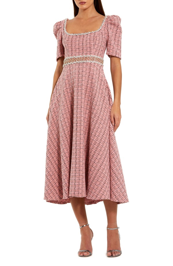 マックダガル レディース トップス 衣装 MIDI Mac Duggal Puff Sleeve Boucle Midi Dress With Beaded Belt Pink Multi サクラ色