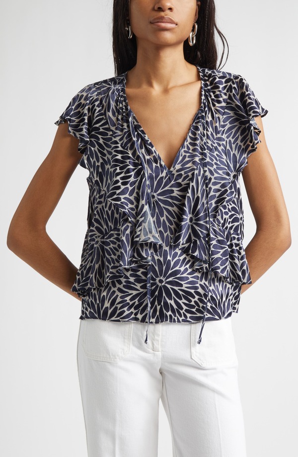 レイミー ブルック レディース トップス プルオーバー フラウンス Ramy Brook Julianne Ruffle Top Navy Burnout 米国海軍