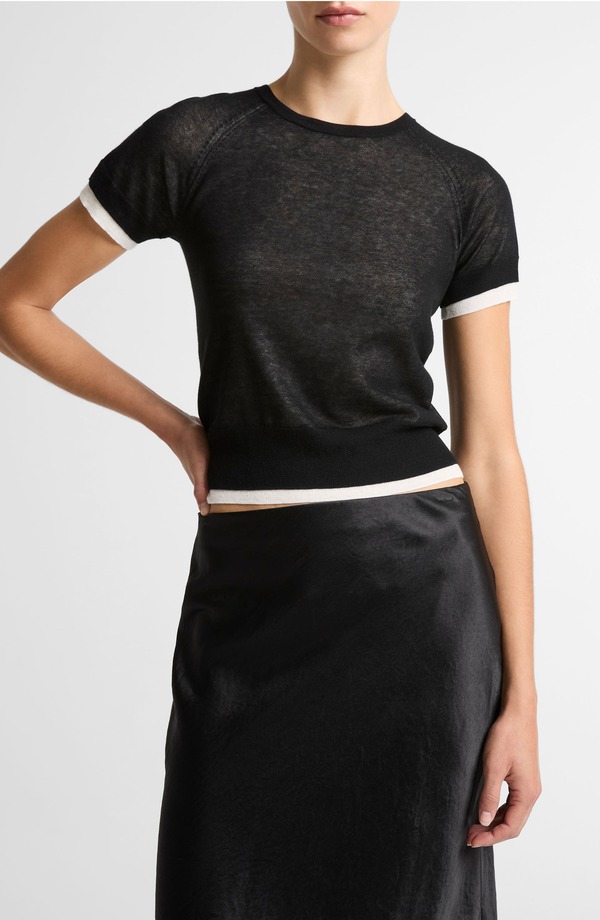 ヴィンス レディース アウター パーカー・スウェット プルオーバー Vince Double Layeraglan Short Sleeve Sweater Black/ Off White 象牙色