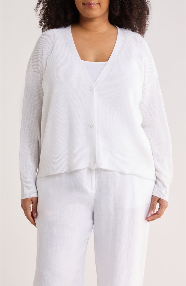 エイリーンフィッシャー レディース アウター パーカー・スウェット Vのど首 綿織物 ジレー リネン Eileen Fisher V-Neck Organic Linen \u0026 Organicotton Cardigan White 白いこと
