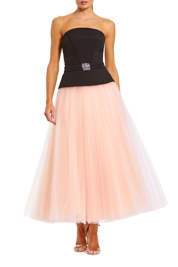 マックダガル レディース トップス 衣装 チュール MIDI ストラップレスカート Mac Duggal Strapless Midi Dress with Layered Tulle Skirt Black Pink 黒いこと