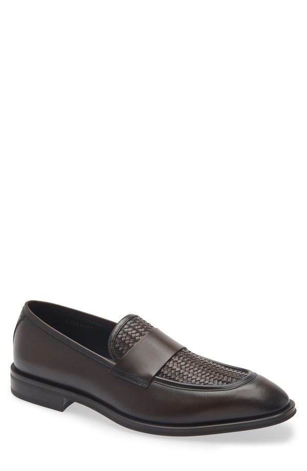 雇い主 メンズ シューズ 置き目毛皮 BOSS Derrek Woven Loafer Dark Brown 赤銅色