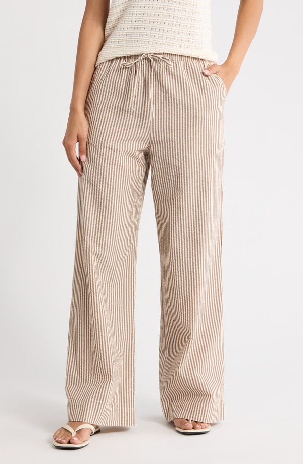米国海兵隊員 座標軸 レディース ボトムス レギンス ズボン下 Marine Layer Josie Stripe Seersucker Drawstring Pants Mocha Stripe モカ