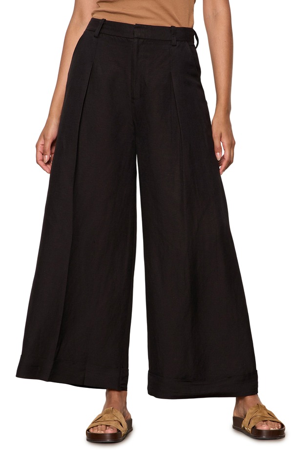 駆け込み寺 レディース ボトムス レギンス ワイドレッグ ズボン下 リネン Sanctuary Terrace Linen Blend Wide Leg Pants Black 黒いこと