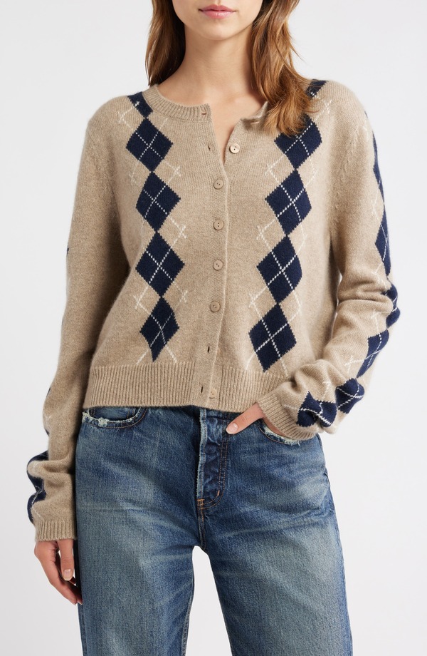 リフォーメーション レディース アウター パーカー・スウェット カーディガン Reformation Clara Cashmere Crew Cardigan Oatmeal Navy Argyle ネイビー|ReVida 店