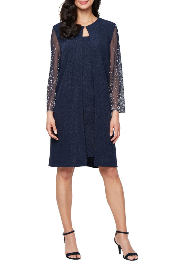 アレックスイブニングス レディース トップス ワンピース トール ニット ジャケット Alex Evenings Metallic Knit Cocktail Dress with Embellished Jacket Dark Navy ネイビー 41,470円