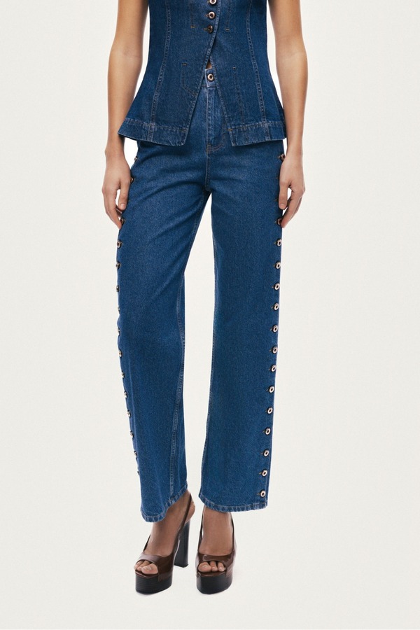ノクチューン レディース ボトムス デニムパンツ Nocturneyelet Detail Wide-Leg Denim Pants Navy Blue ネイビー｜ReVida 店