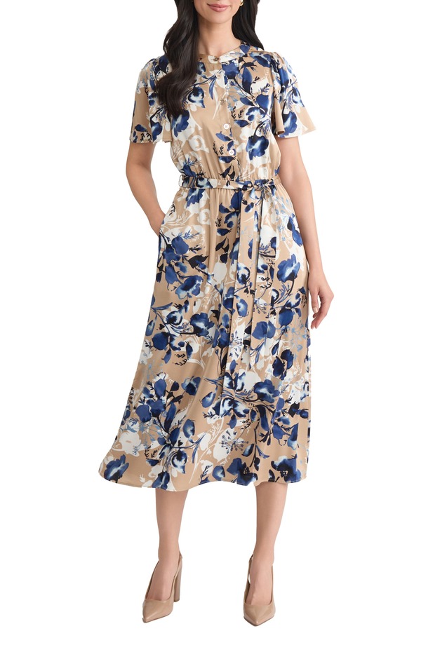 カスパール レディース トップス 衣装 刷り上げる midi KASPER Print Flutter Sleeve Tie Waist Midi Dress Light Sand Multi 真砂
