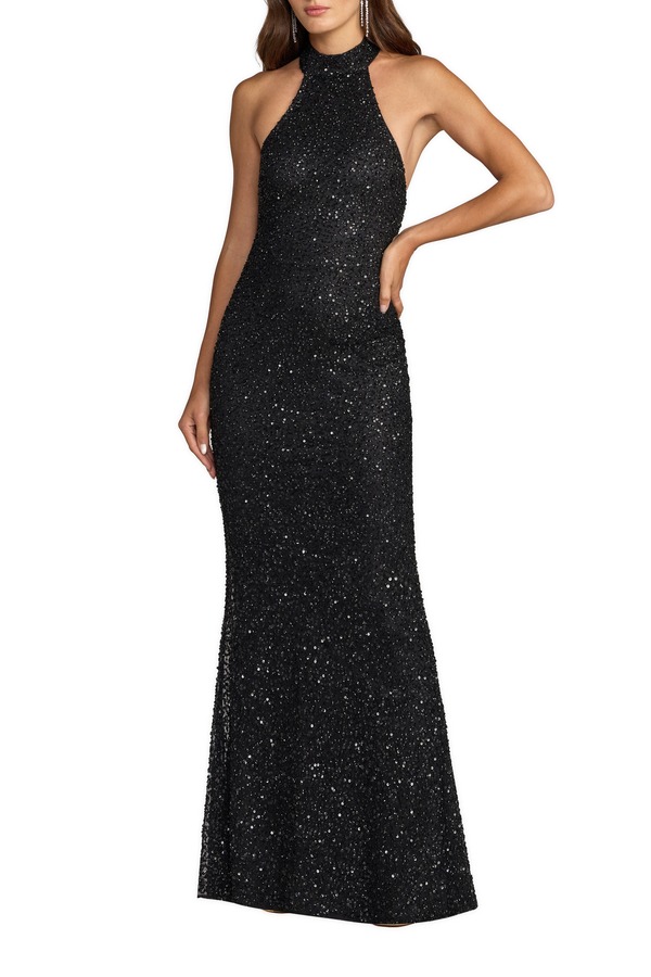 マックダガル レディース トップス 衣裳 公々然たるうしろ側 ホルター Mac Duggal Halter Neck Open Back Beaded Column Gown Black 黒いこと