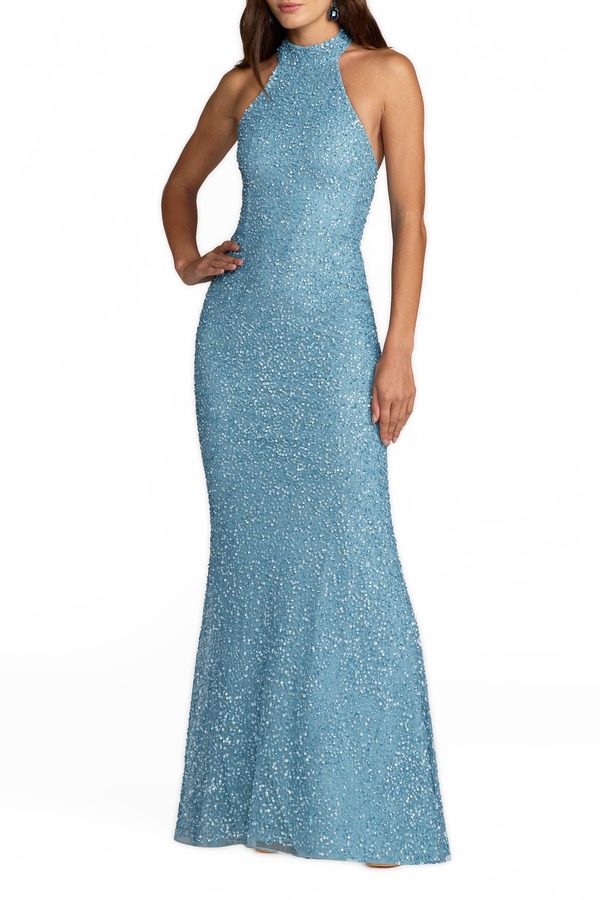 マックダガル レディース トップス 衣裳 公々然たるうしろ側 ホルター Mac Duggal Halter Neck Open Back Beaded Column Gown Ice Blue 青碧