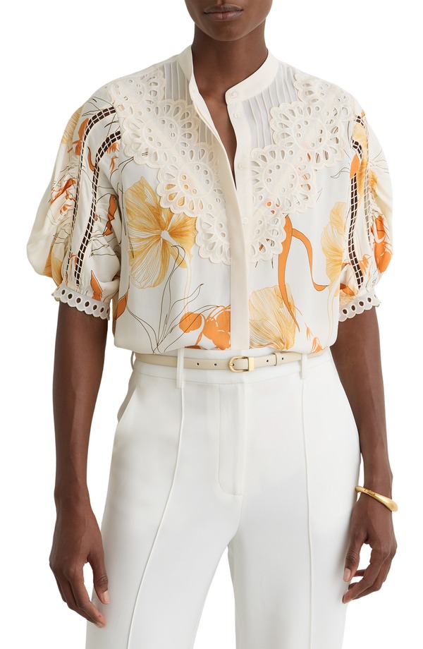 レイス レディース トップス プルオーバー 御花柄 オーバーレイ 御花 Reiss Louisa Cutwork Overlay Floral Button-Up Shirt Ivory/ Pink 象牙色