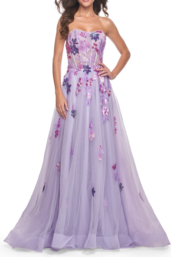ラフェム レディース トップス 衣裳 A 伝達ルート スパンコール ストラップレス スピード競技 La Femme Strapless A-Line Gown with Multi Color Sequin Lace Detailavender ラベンダー