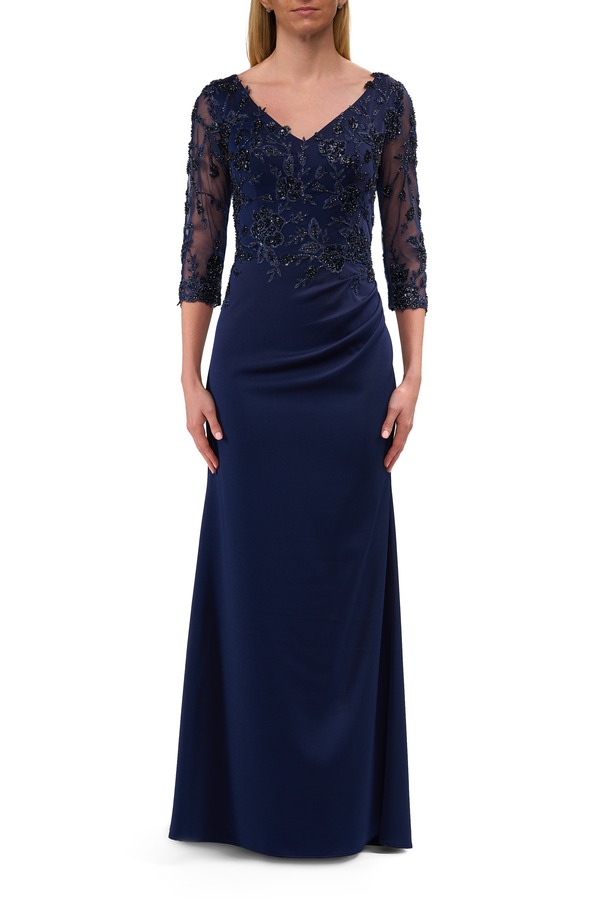 ラフェム レディース トップス 衣装 スピード競技 La Femme Long Mother of the Bride Dress with Beaded Lace Bodice Navy 米国海軍