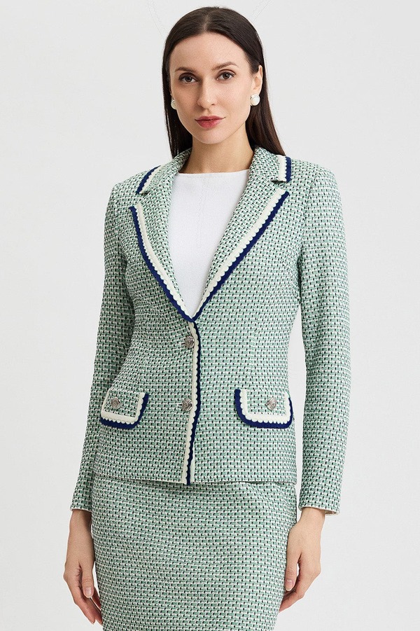 ミンウォン レディース アウター ジャケット・ブルゾン ニット Ming Wang Tailored Jacquard Basketweave Knit Jacket Kelly Green/Indigo/Ivory アイボリー｜ReVida 店