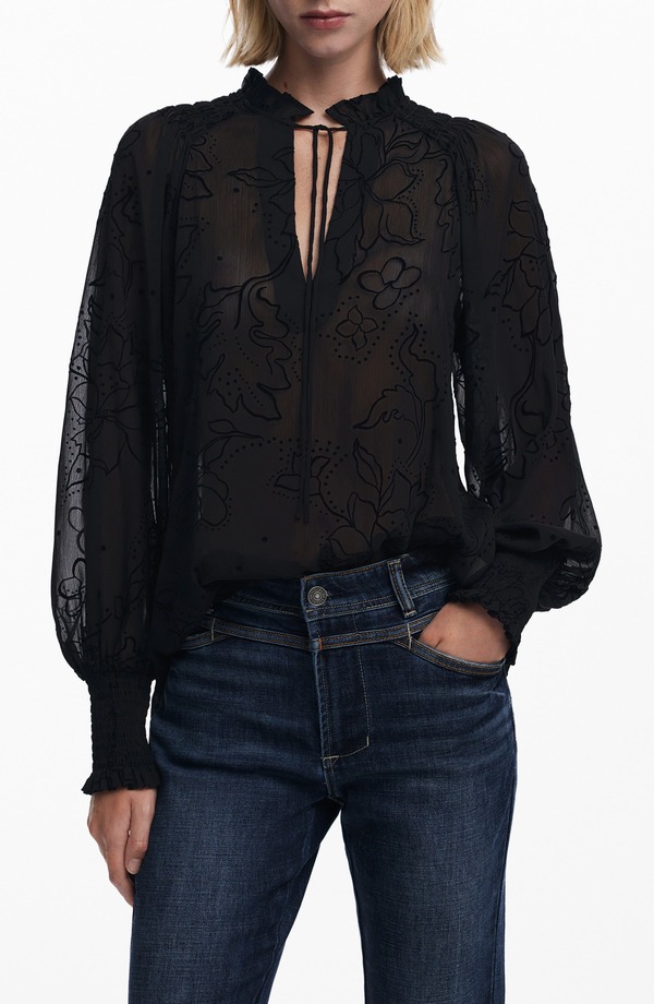 デジグアル レディース トップス シャツ フラワー柄 フラワー Desigual Floral Split Neck Popover Top Black ブラック|ReVida 店