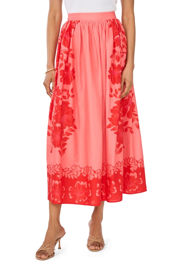 ヴィンスカムート レディース ボトムスカート フラワー柄 コットン レース フラワー Vince Camuto Placed Floral Cotton Skirt Lobstered レッド|ReVida 店