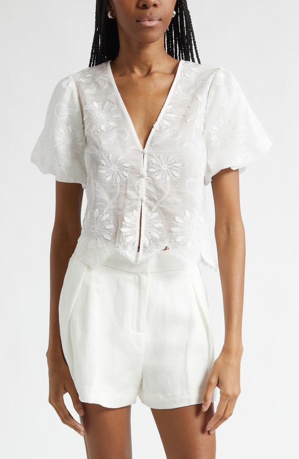 レイミー ブルック レディース トップス プルオーバー 刺しゅう Ramy Brook Chrissiembroidered Puff Sleeve Crop Top Ivory Organza 象牙色